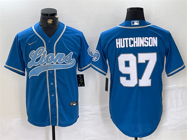 Men's Detroit Lions #97 Aidan Hutchinson Blue Cool Base Stitched Baseball Jersey - Click Image to Close